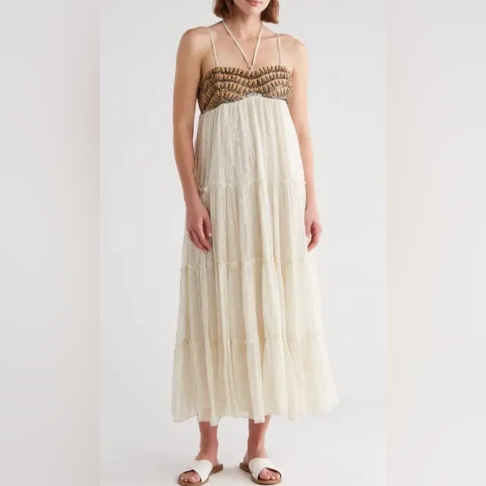 NWT Raga Size L Zella Lurex Empire Maxi Dress Eggshell